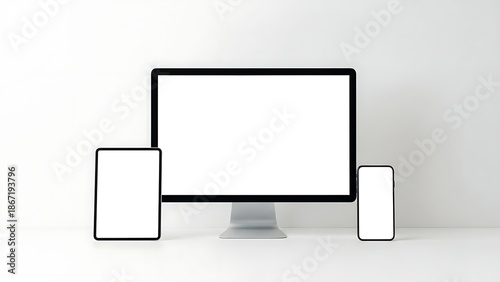 Computer monitor and smartphones on white table desktop screen