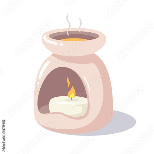 A ceramic aroma lamp with a burning candle. A peaceful illustration representing the heart of a home meditation or relaxation corner.