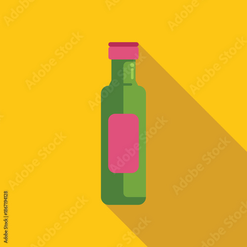 Green bottle with a pink label and long shadow on a yellow background