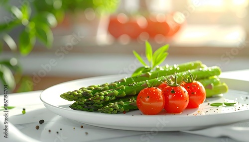 Fresh asparagus and tomatoes on plate with soft lighting