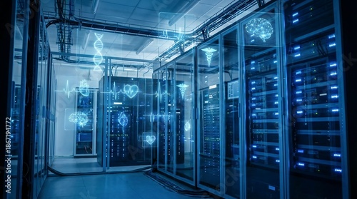 Server room with medical data visualization. Digital healthcare technology and information for advanced medical research and diagnosis.