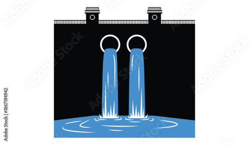 Two blue liquid streams pouring down from metal nozzles into a pool