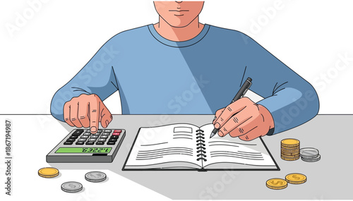 Person working on financial calculations, using a calculator and writing in a notebook with coins nearby