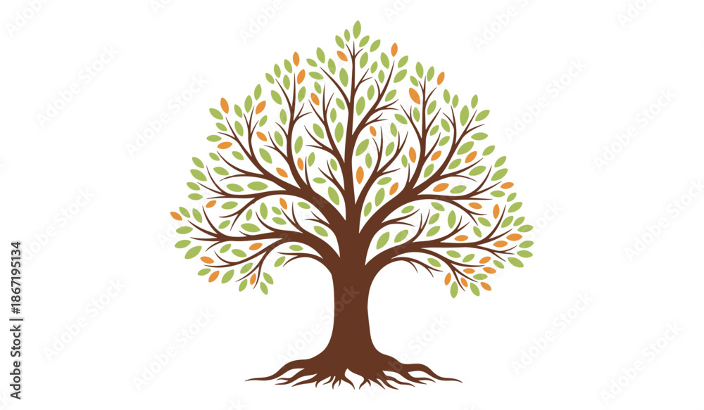 Obraz premium Brown tree with green leaves and exposed roots on white background