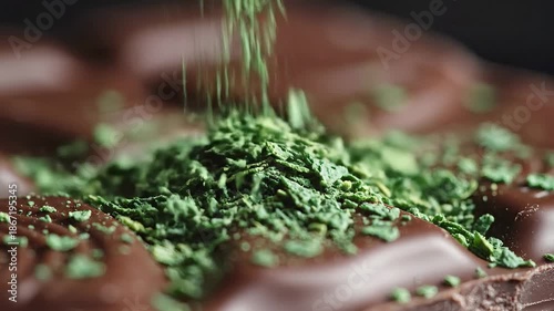 Close up shot of vibrant green flakes gracefully falling onto a rich dark chocolate bar creating a visually appealing and delicious dessert topping highlighting the intricate process of confectionery.