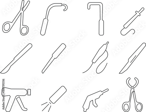 medical instrument silhouettes including syringe scissors and forceps vector set, Dental Surgery: Forceps, Tooth Key, Drill, Syringe, Bandage, Needle, Healthcare tools and equipment Hook elements,
