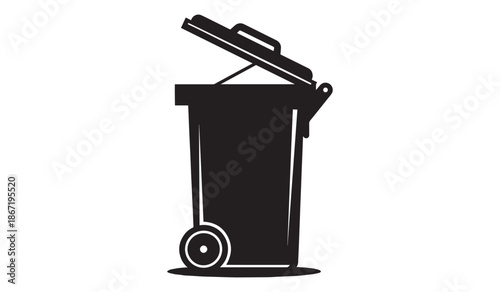 Black silhouette of a trash can with lid open on a white background
