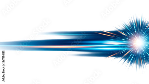 Futuristic speed light streaks. Abstract high-speed light streaks bursting from left to right, long exposure motion trails, blue and cyan core with subtle warm orange highlights.