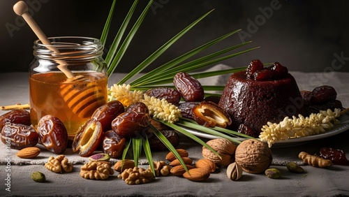 Sweet Dates, Honey, Nuts, and Cake with Palm Leaves