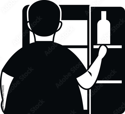 Overweight man reaching for a bottle inside an open refrigerator