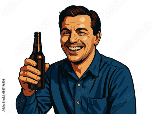 Stylized pop-art vector of a cheerful man raising a beer bottle, wearing a blue shirt and smiling warmly at the viewer. Generative ai vector colorful pop art illustration.