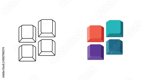 Comparison of four abstract graphic elements showing a line art outline next to a corresponding four-color flat design arrangement representing input modules