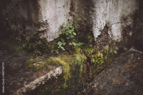 Damp concrete wall corner featuring green moss growing in the cracks. Nature reclaiming architecture concept with wet texture.