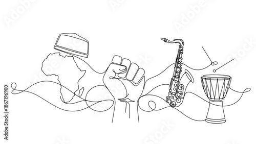 Continuous line art illustration of african culture with saxophone drum and map on white background with music and rhythm and minimalist and cultural heritage