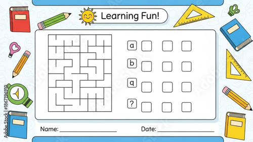 Educational worksheet with maze and multiple choice activity for children with stationery and learning tools with interactive and school and fun
