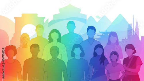 Diverse group of people standing together in front of global landmarks rainbow gradient background illustration with diversity and global citizenship