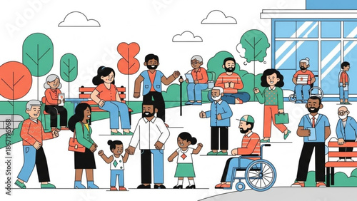 Diverse group of people walking together outside a building with trees and clouds in the background with community and diversity and inclusivity