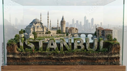 Istanbul Miniature Landscape: A detailed miniature model showcasing the iconic landmarks and architectural wonders of Istanbul, with the city's name artistically incorporated into the landscape.