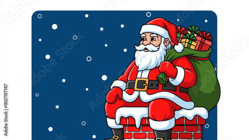 Santa Claus vector illustration sitting on a chimney with a sack full of presents in the winter snow