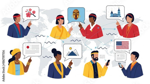 Diverse group of people from different cultures communicating globally using mobile phones and speech bubbles with national symbols with global communication