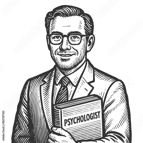 male psychologist wearing glasses, smiling, and holding book sketch engraving generative ai fictional character vector illustration. Scratch board. Black and white.