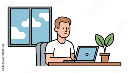 Illustration of a young man with brown hair working on a laptop at a desk with a plant next to a window