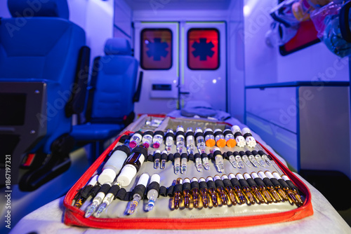 Bild auf Leinwand Close-up of ampoules with medication in ambulance car of emergency medical service