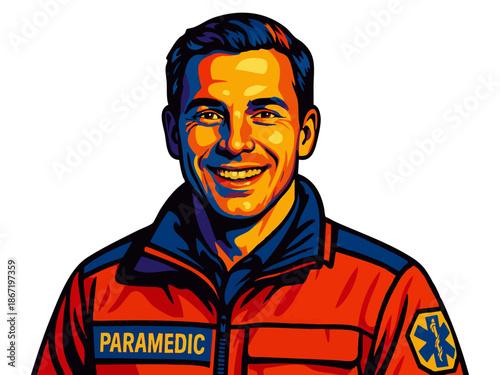 happy male paramedic wearing emergency response uniform, symbolizing first aid, safety, and healthcare service. Generative ai vector colorful pop art illustration.