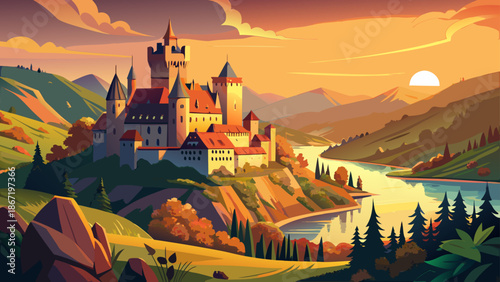 Very beautiful sunset view of Katz Castle overlooking the romantic Rhine River in Germany, surrounded by summer greenery and warm light, creating a timeless and poetic riverside landscape.