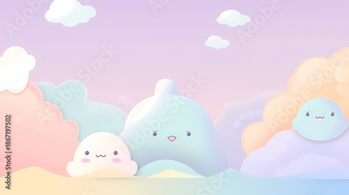 Cute cartoon Easter eggs rest in the spring grass and float across a pink sky with a sun and rainbow in this vector nature landscape illustration backgruond