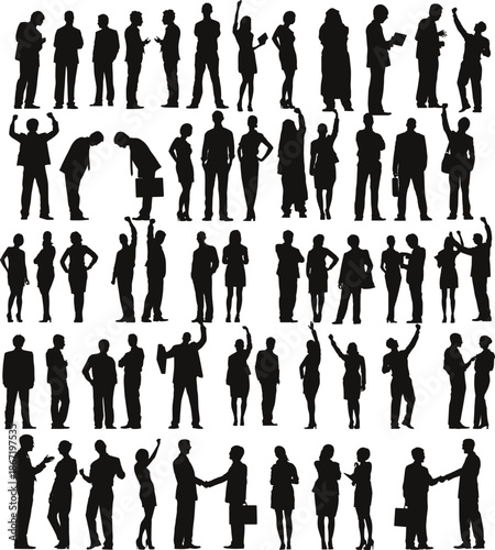 A professional collection of black business people silhouettes featuring a diverse group of men and women in a walking team illustration vector set for modern work design