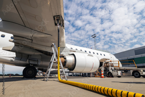Refueling of airplane at airport. Ground service before flight.