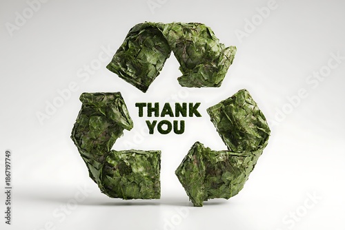 Eco Friendly Green Crumpled Paper Recycling Symbol With Thank You Text Over White Background For Environmental Conservation and Sustainability