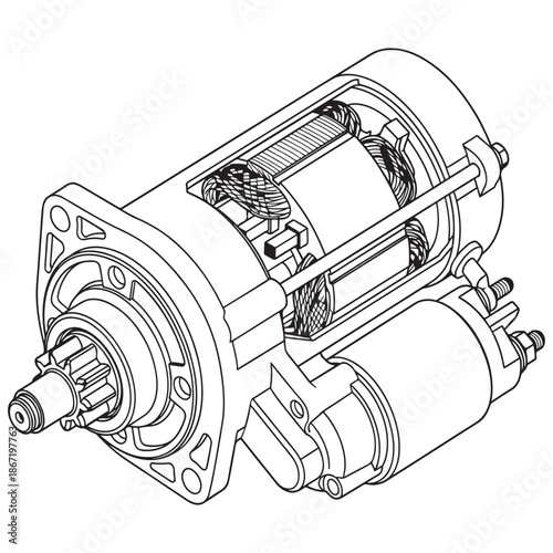 Automotive Starter Motor Detailed Line Art Diagram