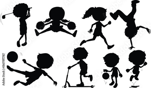 A group of family silhouettes including a woman, boy, and child dancing with fun and fitness in a vector art illustration