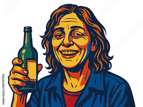 hardened alcoholic with visible signs of alcohol abuse smiling while holding a alcohol in hand. Generative ai vector colorful pop art illustration.