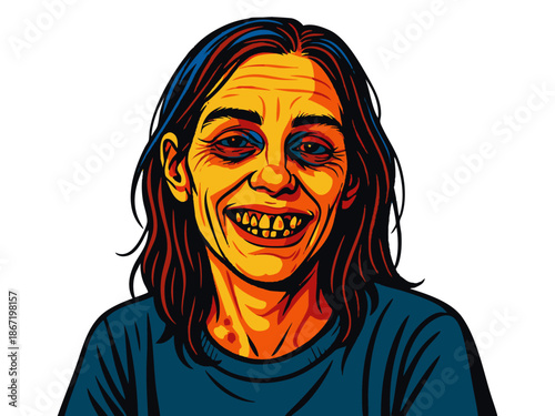 hardened drug addict woman visibly damaged by years of drug use. Generative ai vector colorful pop art illustration.