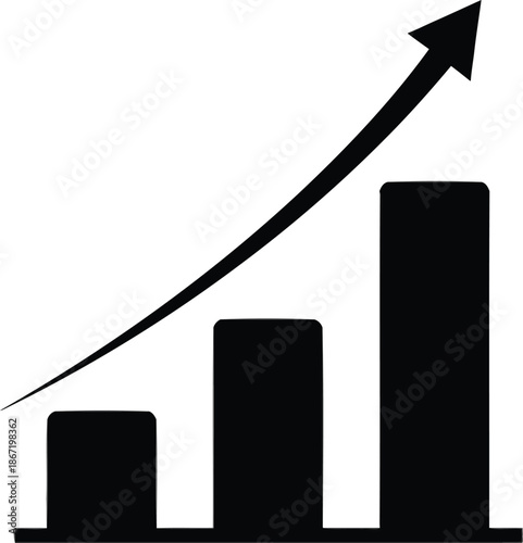 A black and white graph showing an upward trend with a rising arrow and three bars