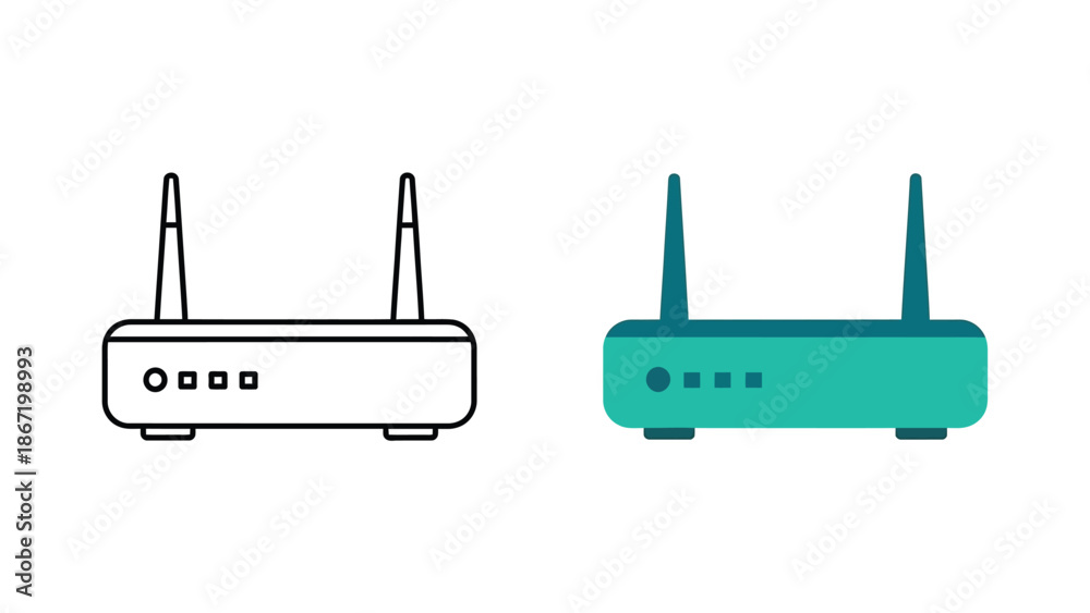 Obraz premium Set of modern wireless internet router icons showing both line art and flat color vector designs for network connectivity concepts