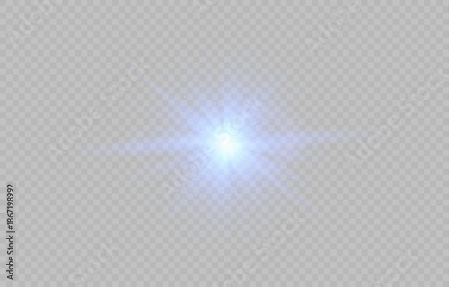 Blue light lens flare light effect with rays and glare, bright beautiful star