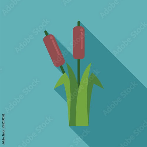 Cattails growing illustration with long shadow design on a blue backdrop