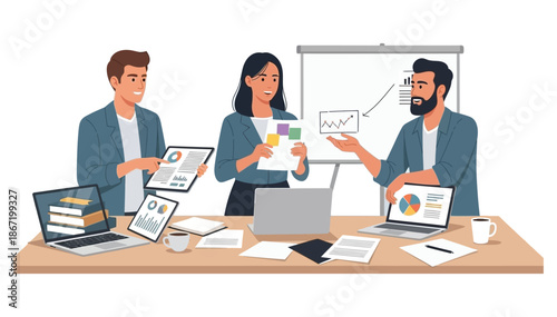 Business professionals collaborating on project, analyzing data and charts during modern office meeting