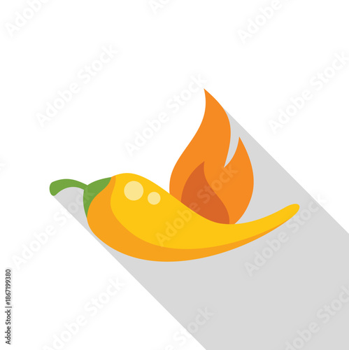 Yellow chili pepper with a flame illustrating spicy food and heat concept