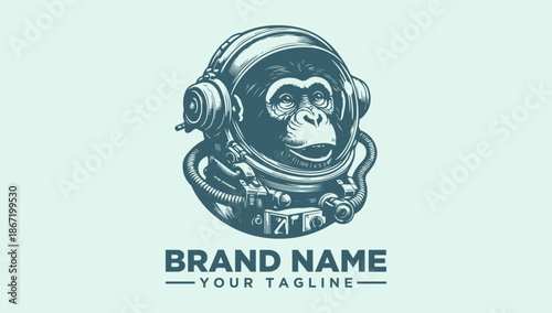A vector illustration of a monkey in a space helmet with a brand name and tagline on a light green background, featuring a logo and pictogram design.
