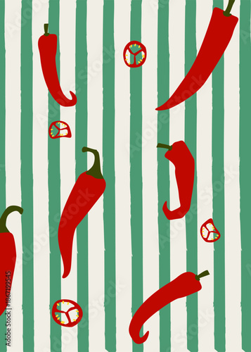 Background with red chili peppers on a striped pattern. Bright, playful illustration with a spicy, energetic mood. Food and cuisine concept symbolizing heat, flavor, spice, Mexican and Latin food