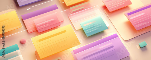 Colorful digital interface with floating translucent cards and soft glowing light effects creating futuristic and dynamic atmosphere