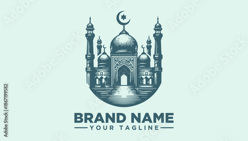A logo featuring a teal illustration of a mosque with crescent moon, accompanied by customizable 'BRAND NAME' and 'YOUR TAGLINE' text on a light green background.
