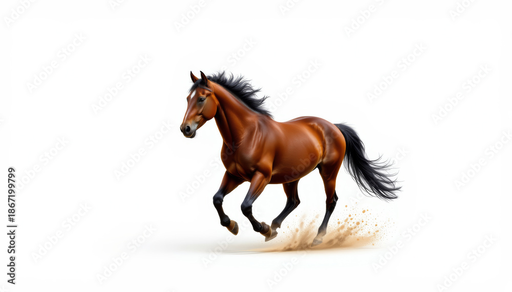 Fototapeta premium Bay horse running fast with black mane and tail kicking up dust on white background