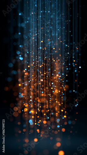 Abstract glowing light particles in blue and orange colors with vertical streaks on dark background creating dynamic and vibrant atmosphere