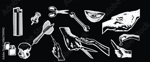 Conceptual Black and White Collage of Hands with Tools, Skull, and Everyday Objects in Halftone Style